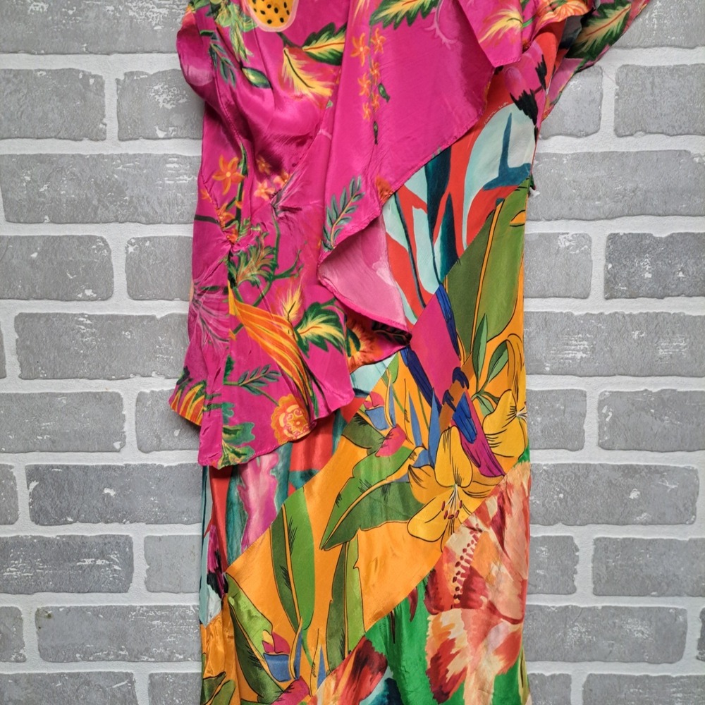 Farm Rio Ruffled Floral Print Satin Crepe De Chine Midi Dress Size Small - Picture 7 of 16